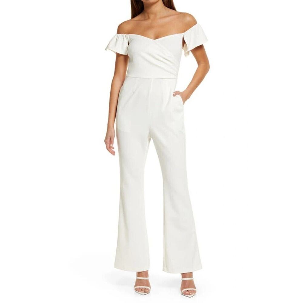 Chelsea28 Women Ivory Jersey Cocktail Ruffle Off the Shoulder Jumpsuit Size S